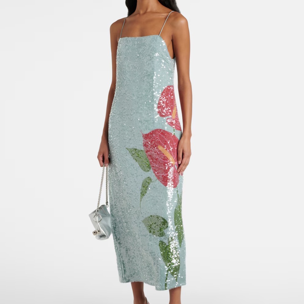 FARM Rio Sequin Midi Dress in Light Blue with Pink and Green Floral
